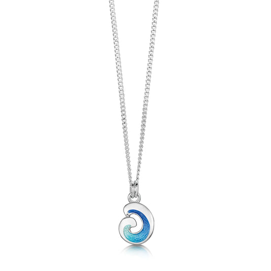 Silver pendant with a small wave design in gradient blue enamel on a silver chain
