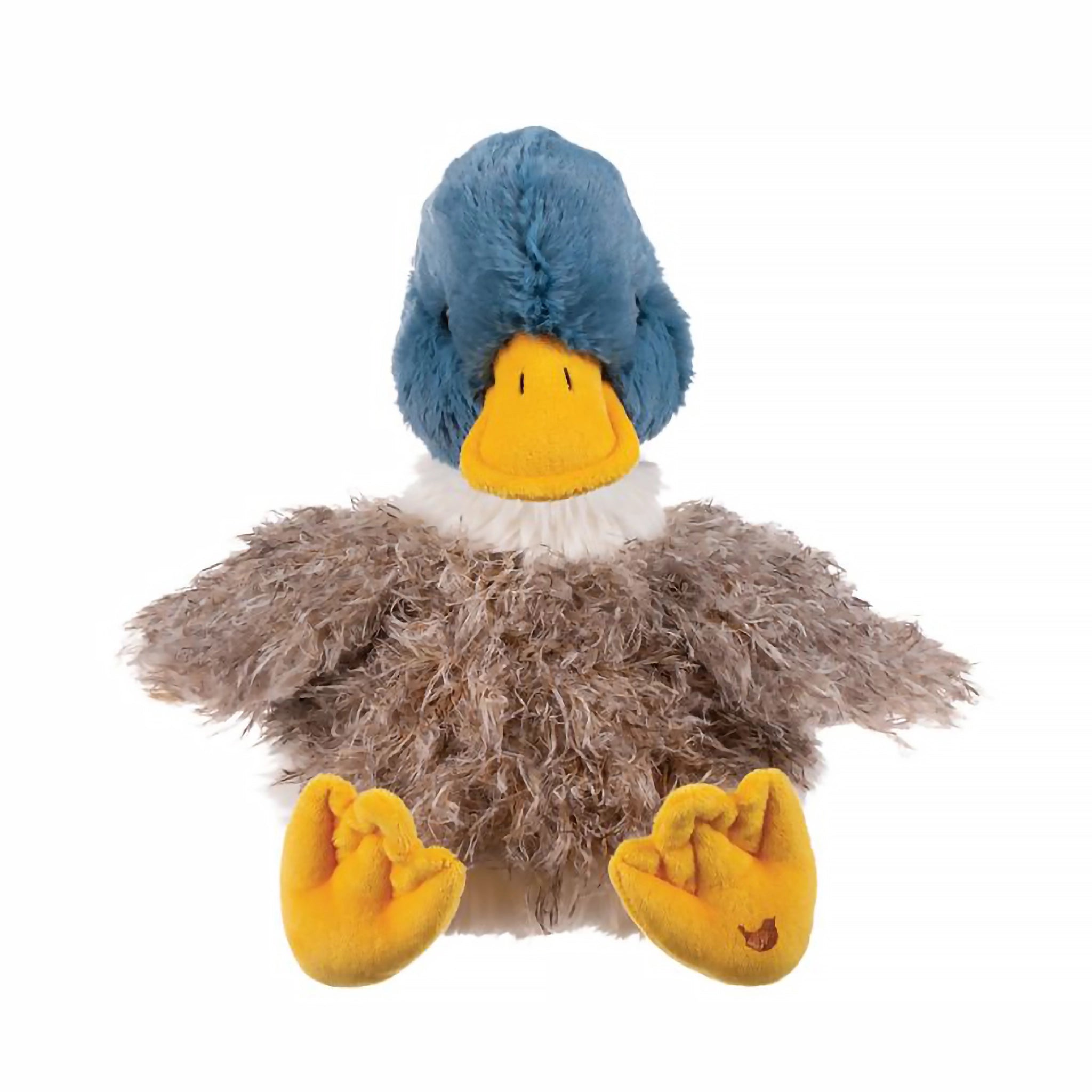 A stuffed duck plush toy with the Wrendale logo embroidered on the bottom of its foot