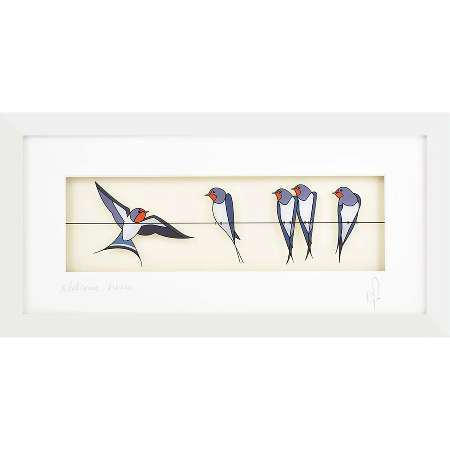 Acrylic framed wall art featuring a group of swallows on a wire