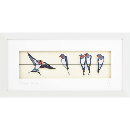 Acrylic framed wall art featuring a group of swallows on a wire