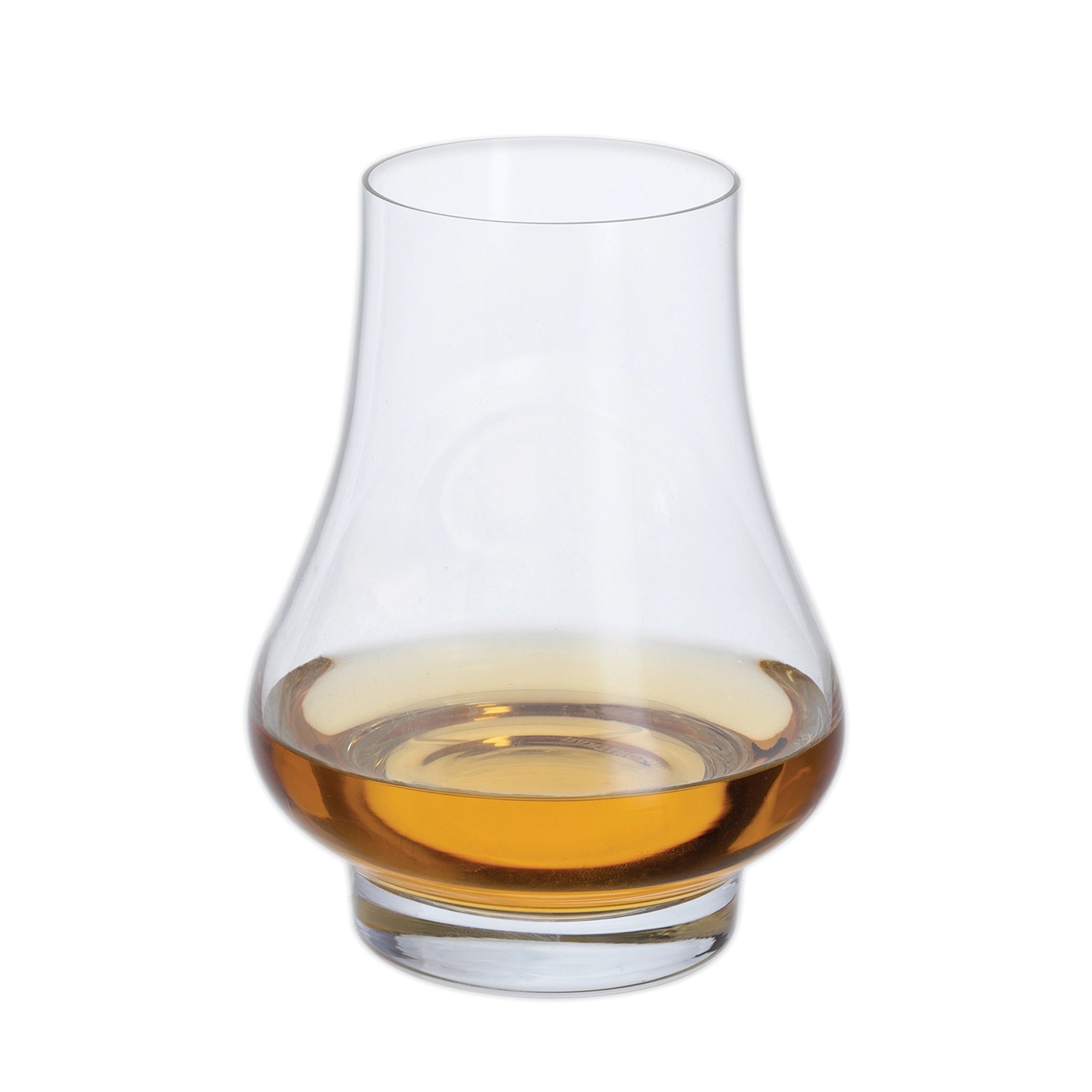 Whisky nosing glass with tapered top and wide base containing a shot of amber whisky
