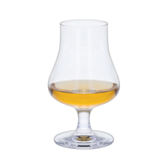 Stemmed whisky nosing glass with wide base and a shot of amber whisky