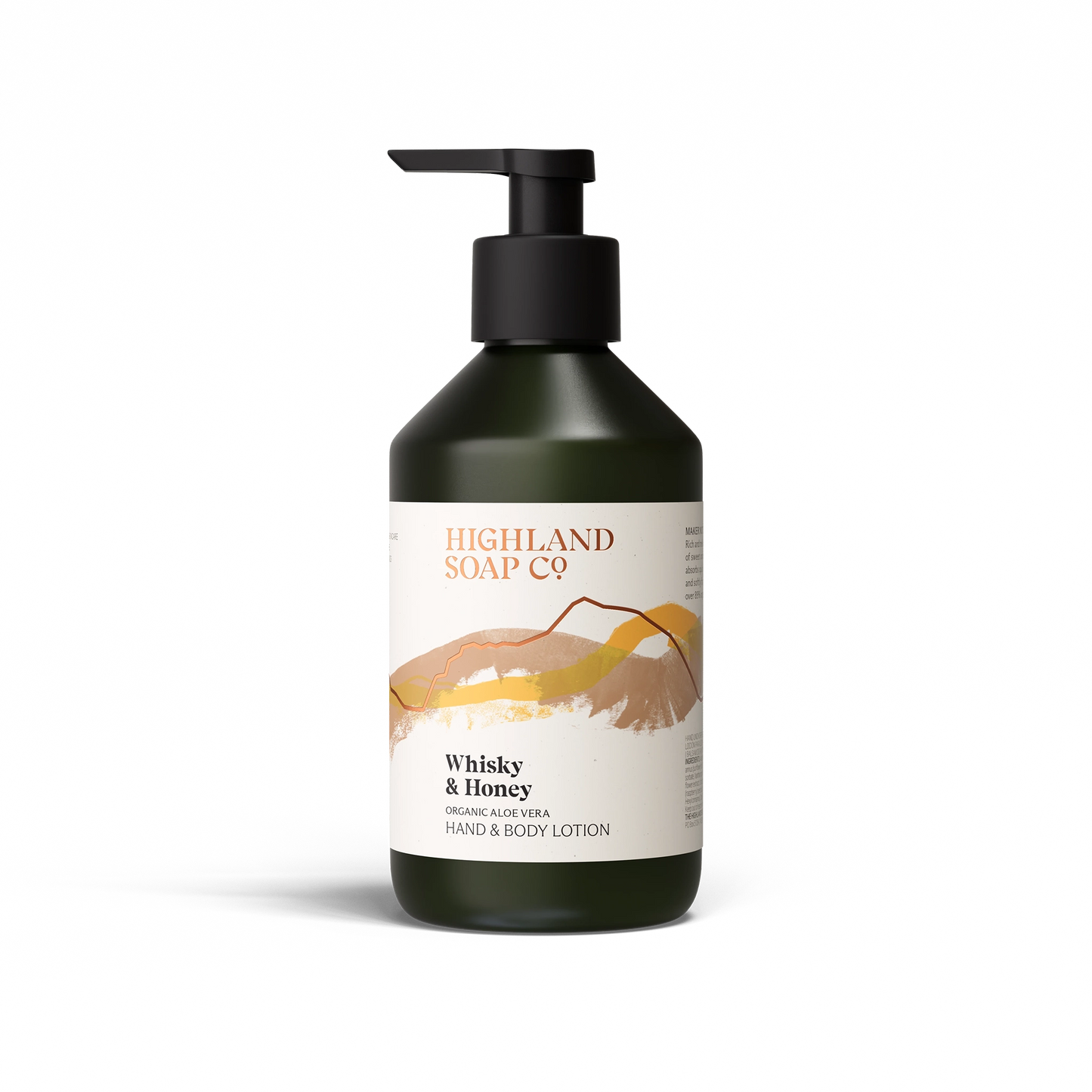 The Highland Soap Co. whisky and honey scented hand and body lotion pump bottle