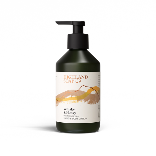 The Highland Soap Co. whisky and honey scented hand and body lotion pump bottle