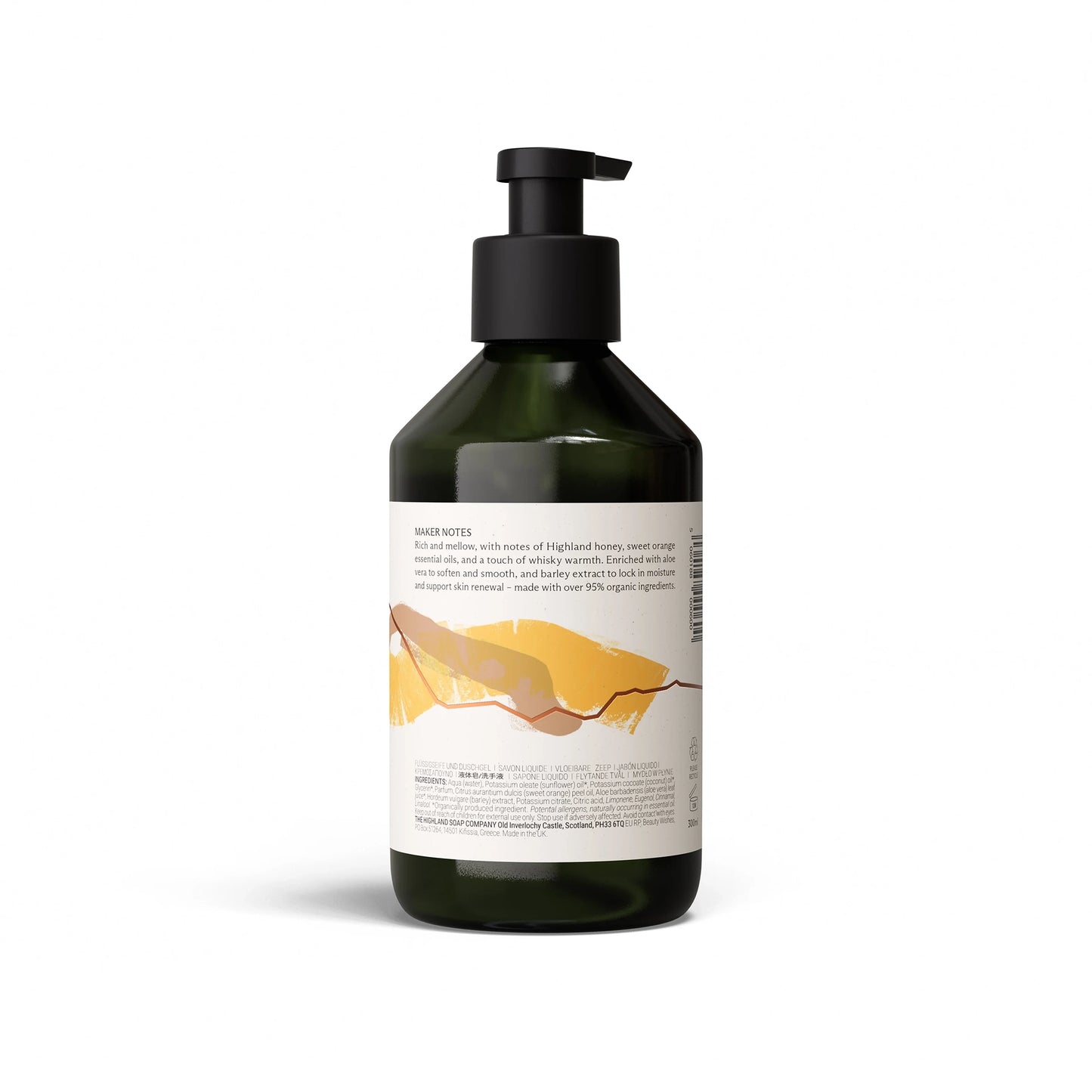 Back of Highland Soap Co. whisky and honey scented liquid hand wash pump bottle with ingredient list