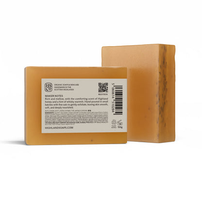 Highland Soap Co. bar of organic whisky and honey soap with ingredients list