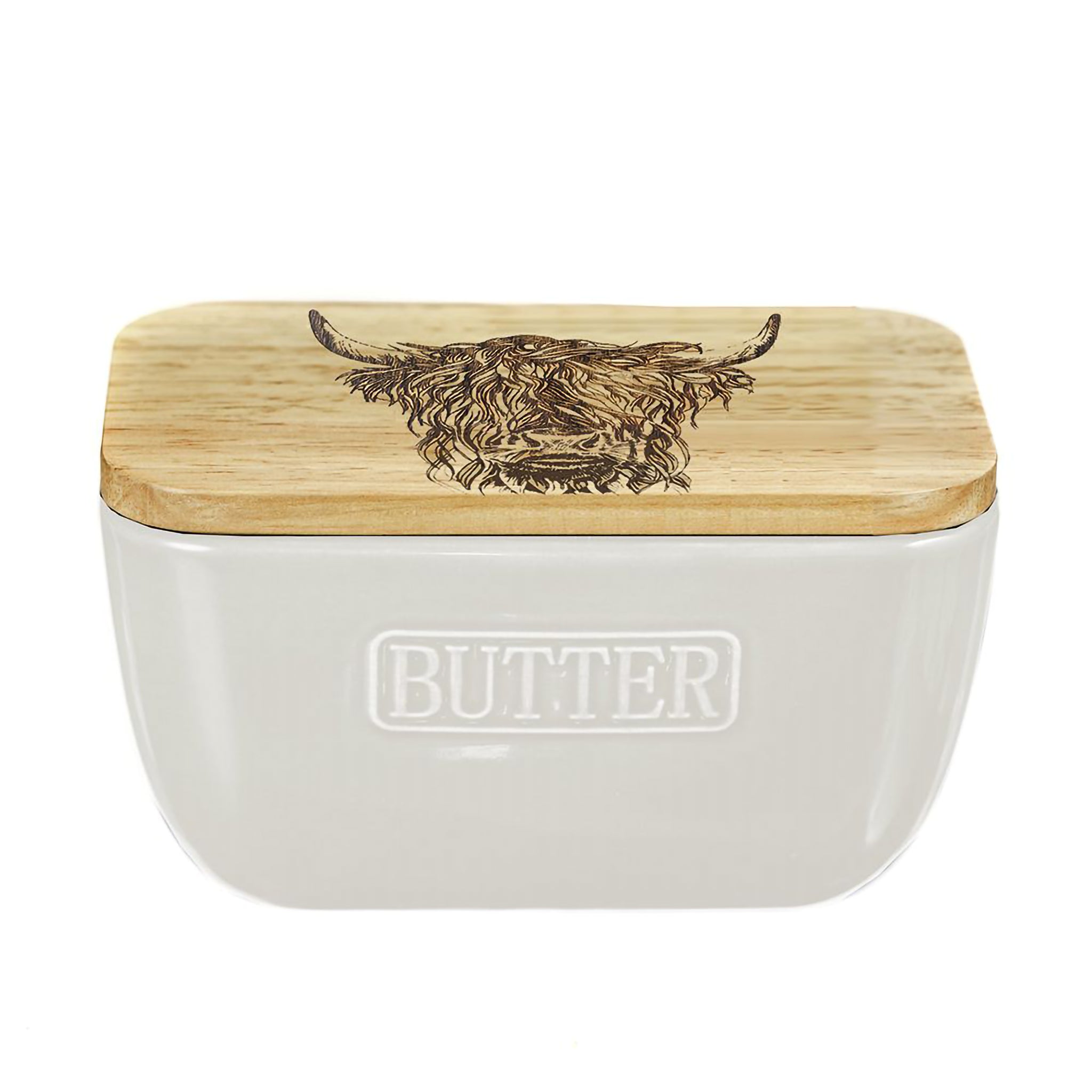 White ceramic butter dish with a wooden lid engraved with a Highland cow