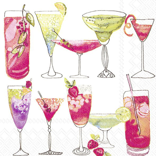 White napkin featuring a pattern of different coloured and shaped cocktails 
