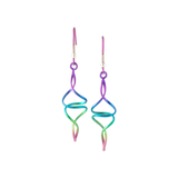 A pair of looping twist wire titanium drop earrings in rainbow ombre