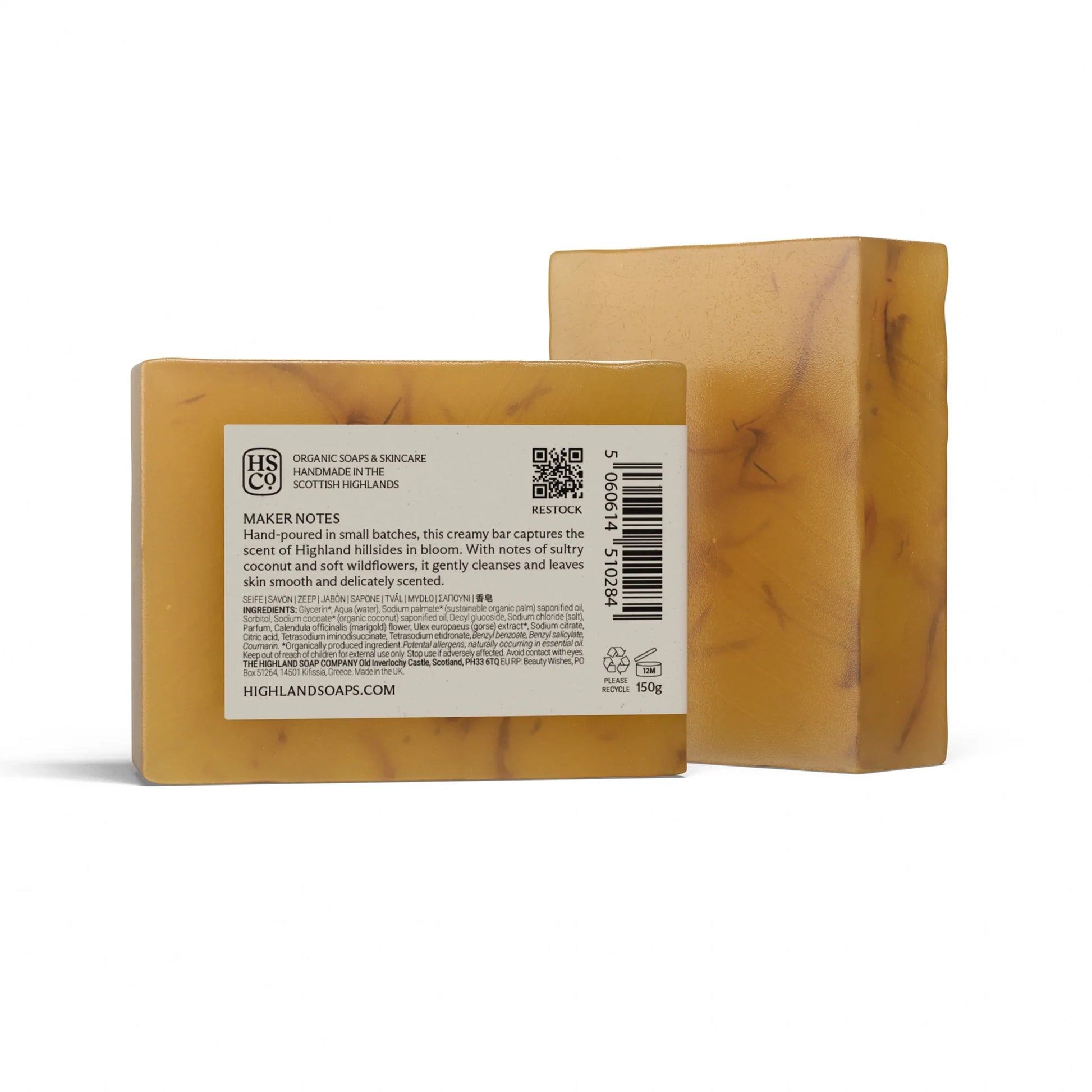 Back of Highland Soap Co. bar of organic wild gorse and vanilla soap with ingredient list