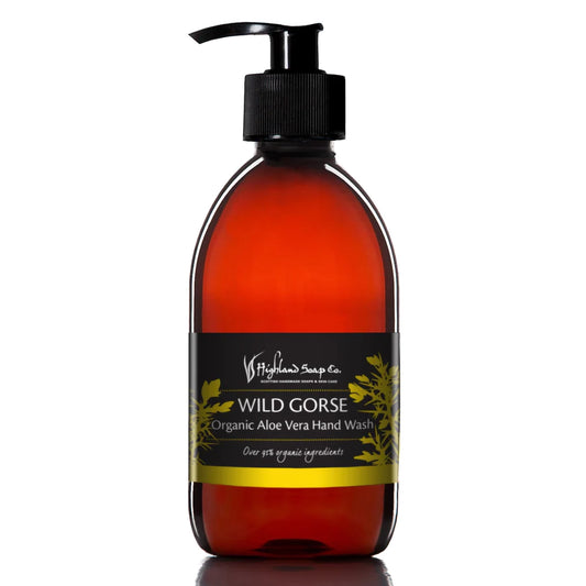 An amber hand soap bottle with Wild Gorse 