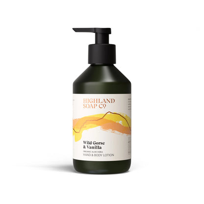The Highland Soap Co. gorse and vanilla scented hand and body lotion pump bottle