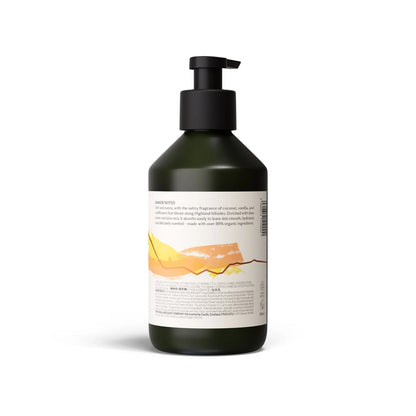 Back of Highland Soap Co. gorse and vanilla scented hand and body lotion pump bottle with ingredient list