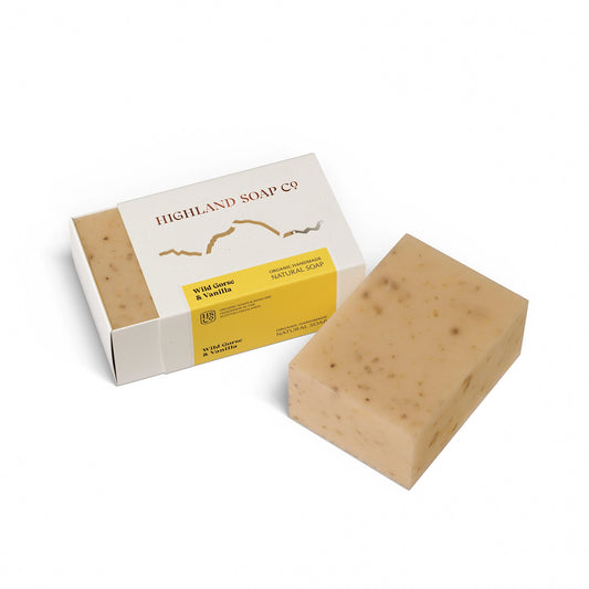 Highland Soap Co. wild gorse and vanilla scented soap bar in box packaging