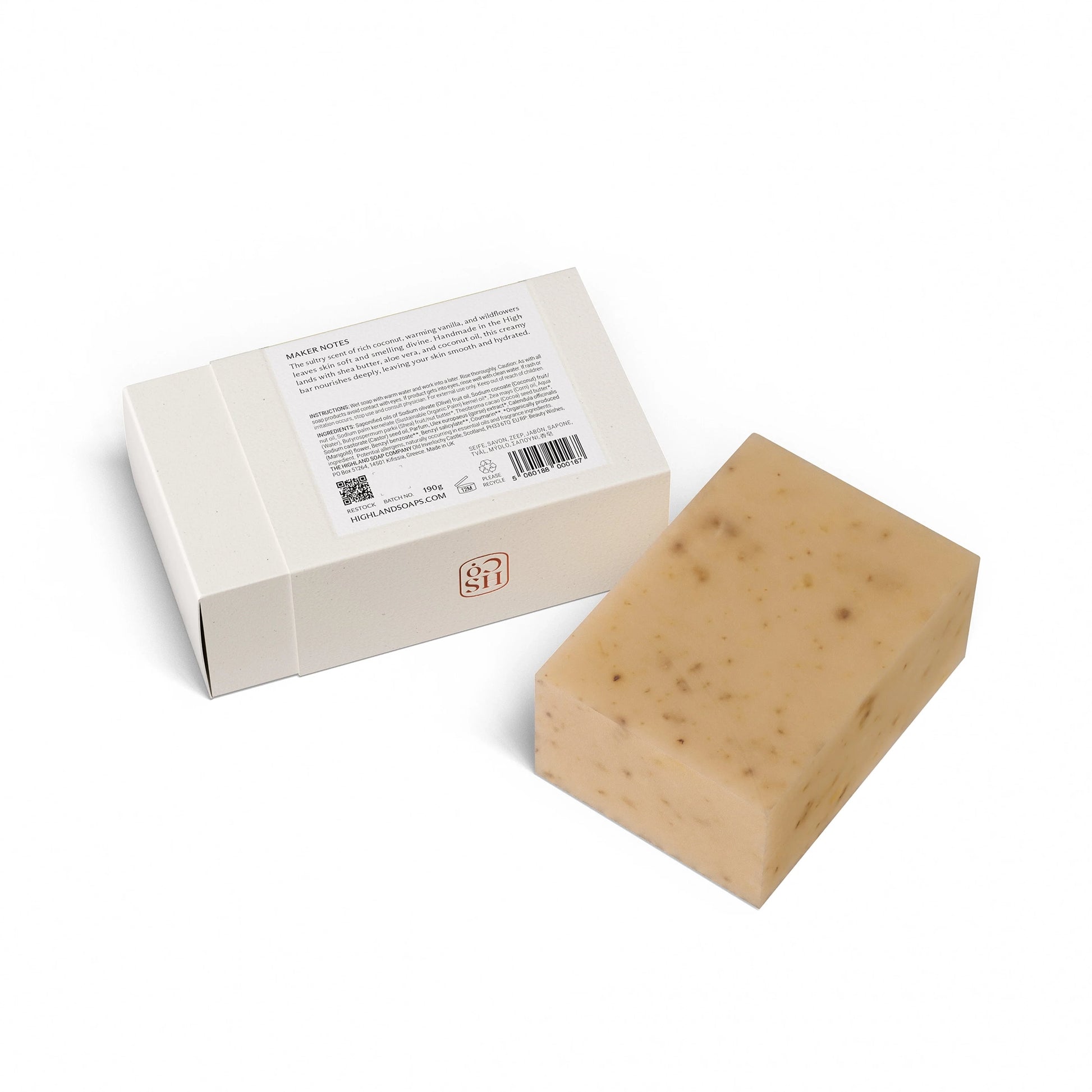 Back of Highland Soap Co. wild gorse and vanilla scented soap bar in box with ingredient list