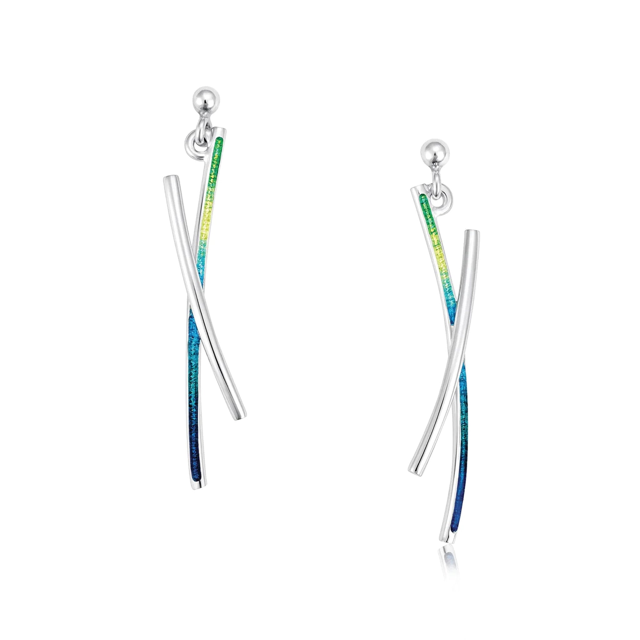 Silver earrings with two strands, one silver and one in green and blue enamel on drop post fitting