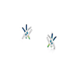 Silver earrings with four strands, two silver and two in green and blue enamel
