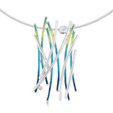 Silver necklet with multi-strands in silver and green/blue enamel with a moonstone and cubic zirconia on neck wire