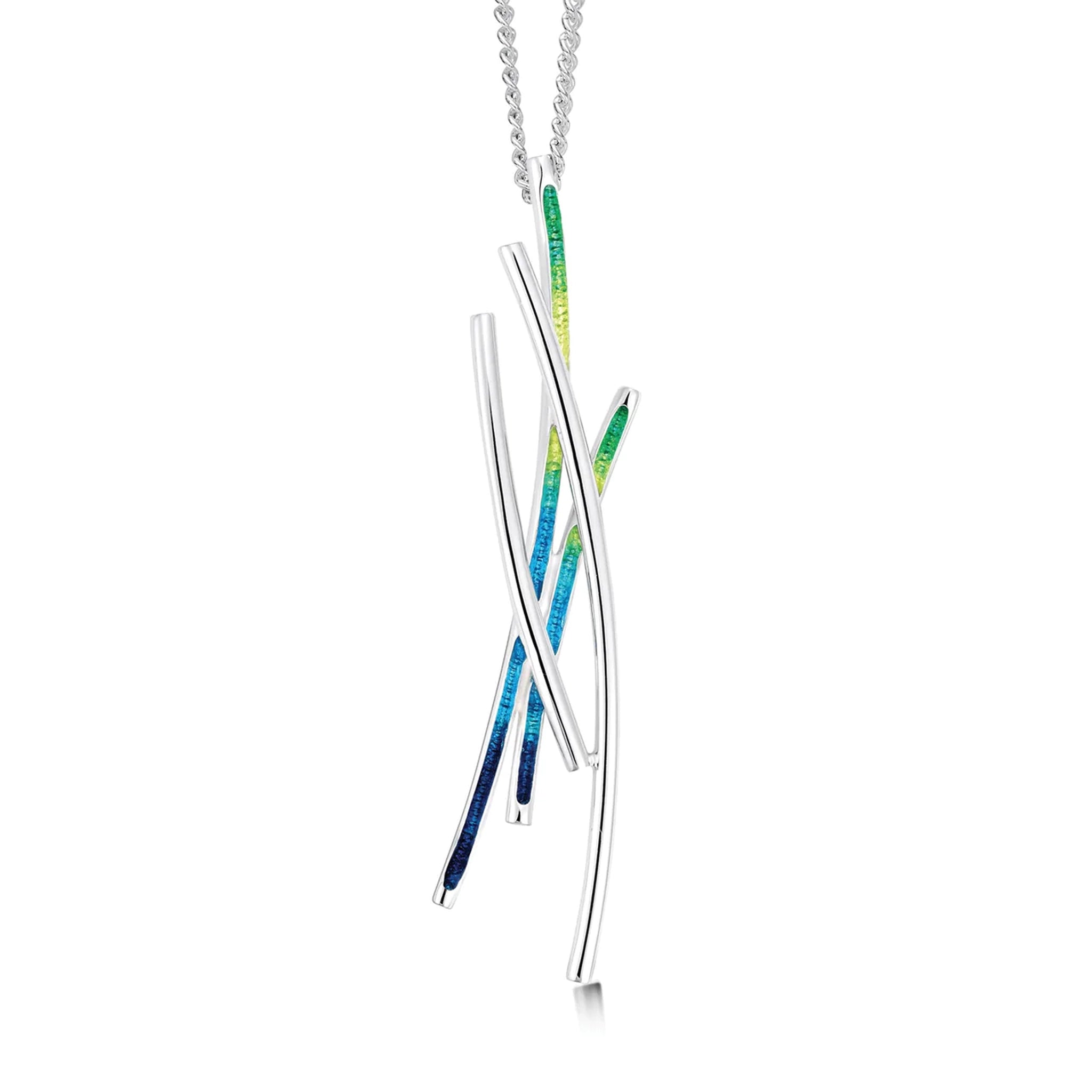 Silver pendant with four strands, two silver and two in green and blue enamel on silver chain