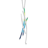 Silver pendant with four strands, two silver and two in green and blue enamel on silver chain
