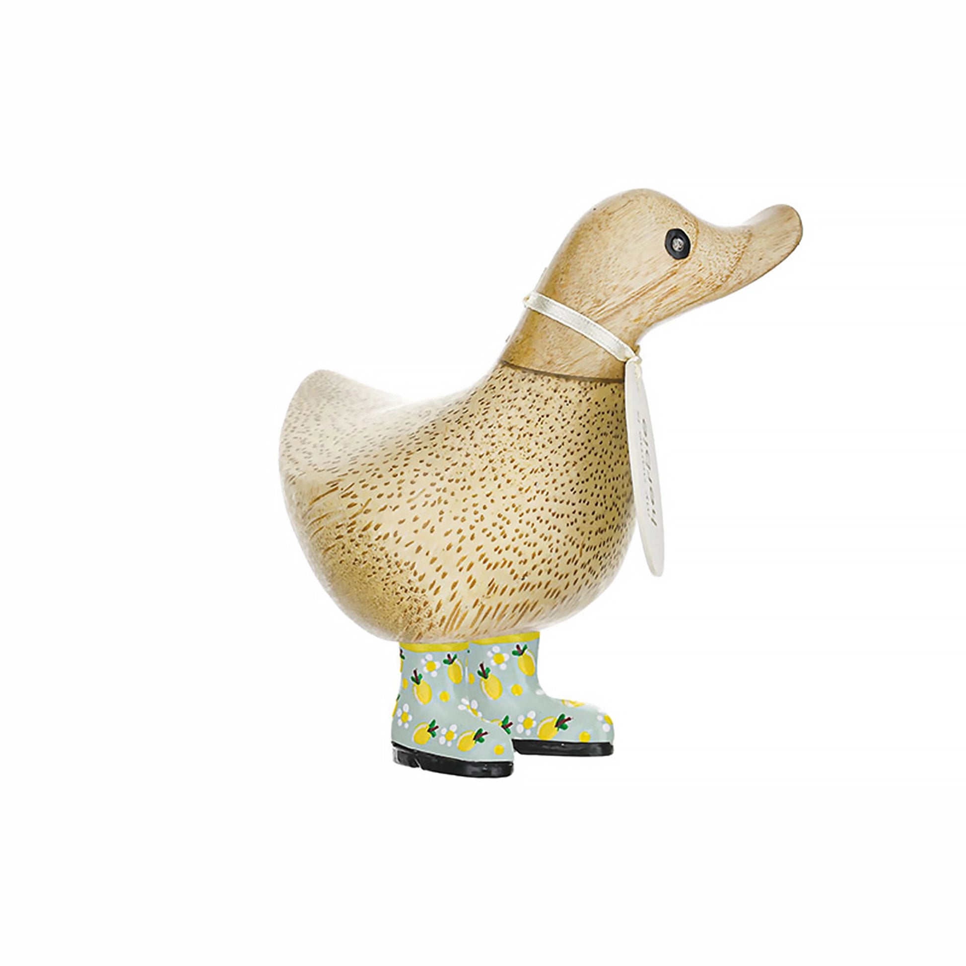 Wooden duck figure with painted boots decorated with lemons and daisies