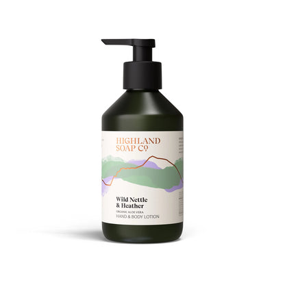 The Highland Soap Co. wild nettle and heather scented hand and body lotion pump bottle