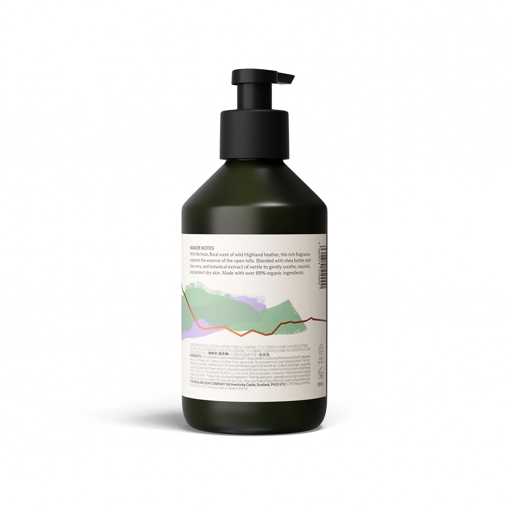 Back of Highland Soap Co. wild nettle and heather scented hand and body lotion pump bottle with ingredient list