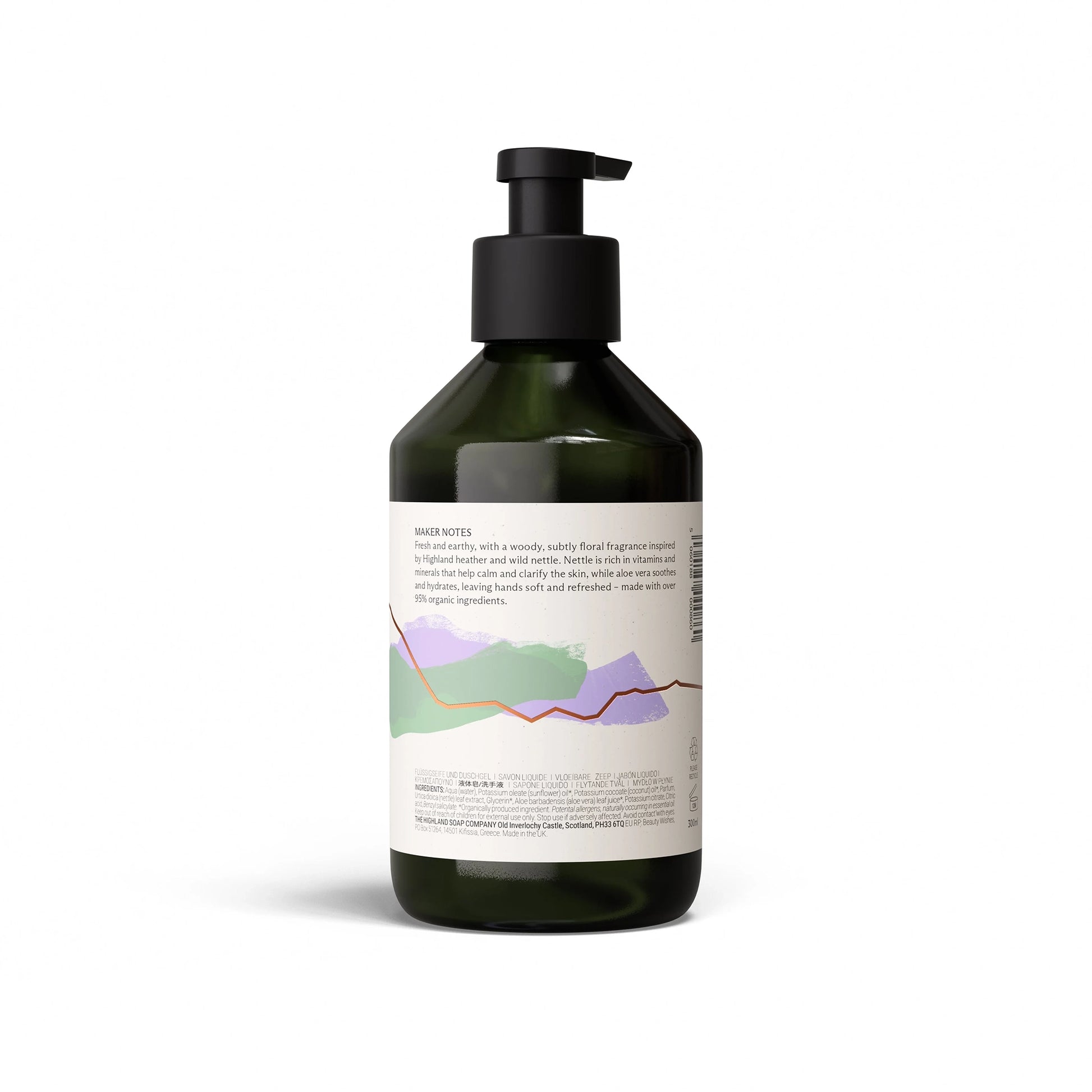 Back of Highland Soap Co. wild nettle and heather scented liquid hand wash pump bottle with ingredient list