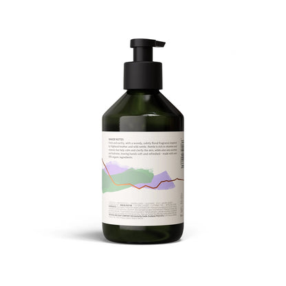 Back of Highland Soap Co. wild nettle and heather scented liquid hand wash pump bottle with ingredient list