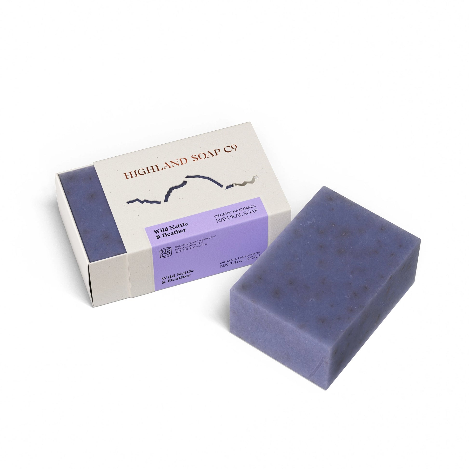 Highland Soap Co. wild nettle and heather scented soap bar in box packaging