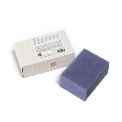 Back of Highland Soap Co. wild nettle and heather scented soap bar in box packaging with ingredient list