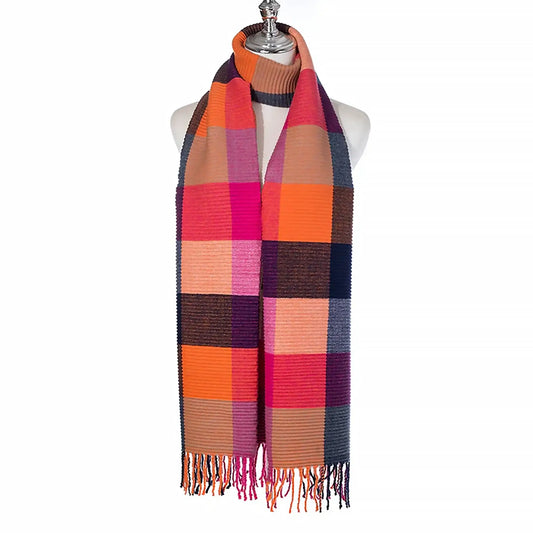 Pink, orange, brown and blue coloured large checkered scarf