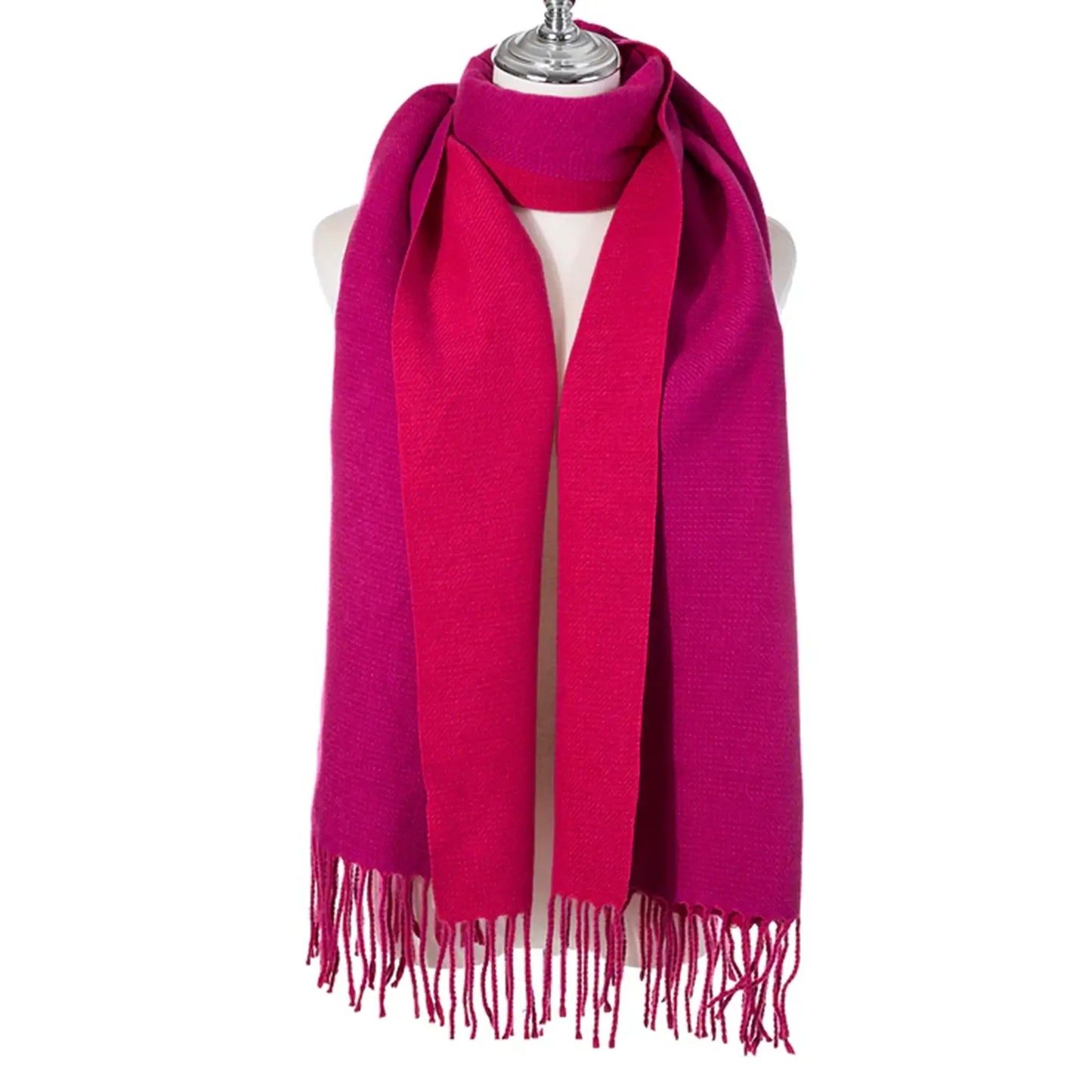 Two toned bright pink block scarf with tassel trim