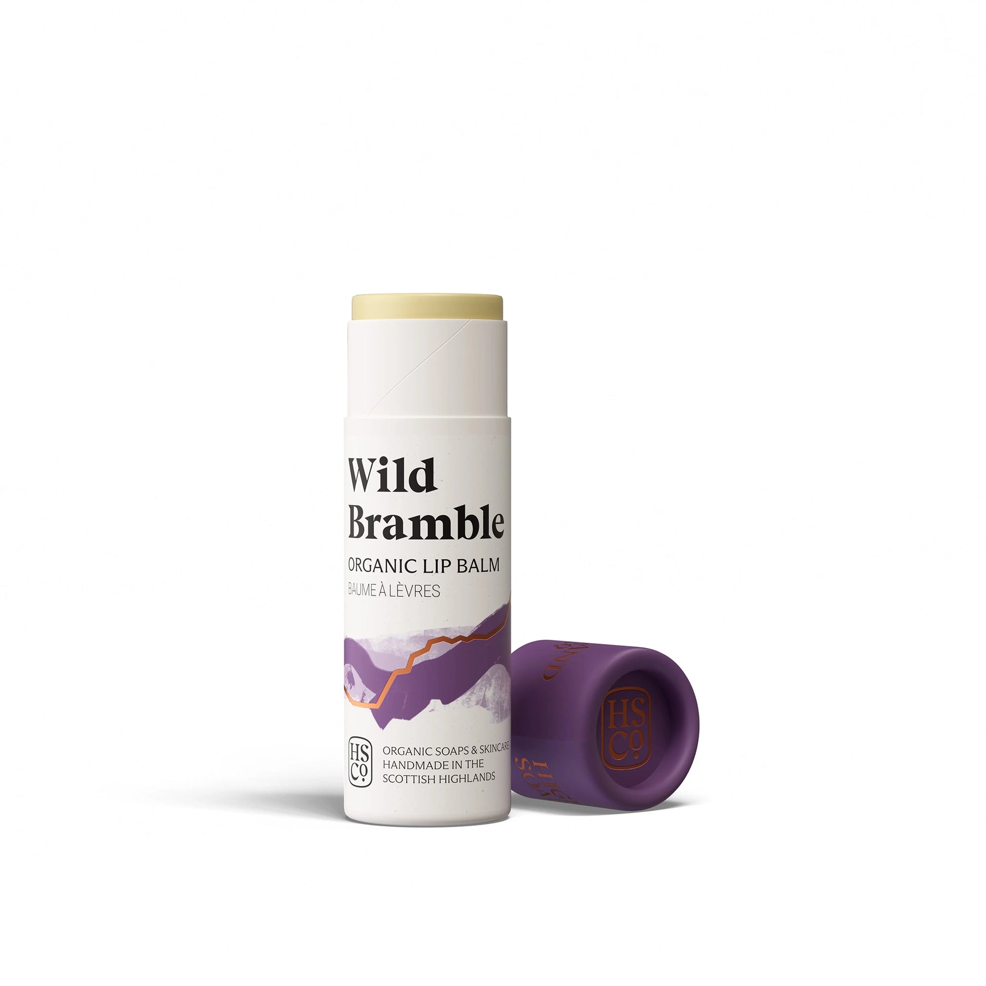 Highland Soap Co. wild bramble flavour organic lip balm in compostable tube packaging
