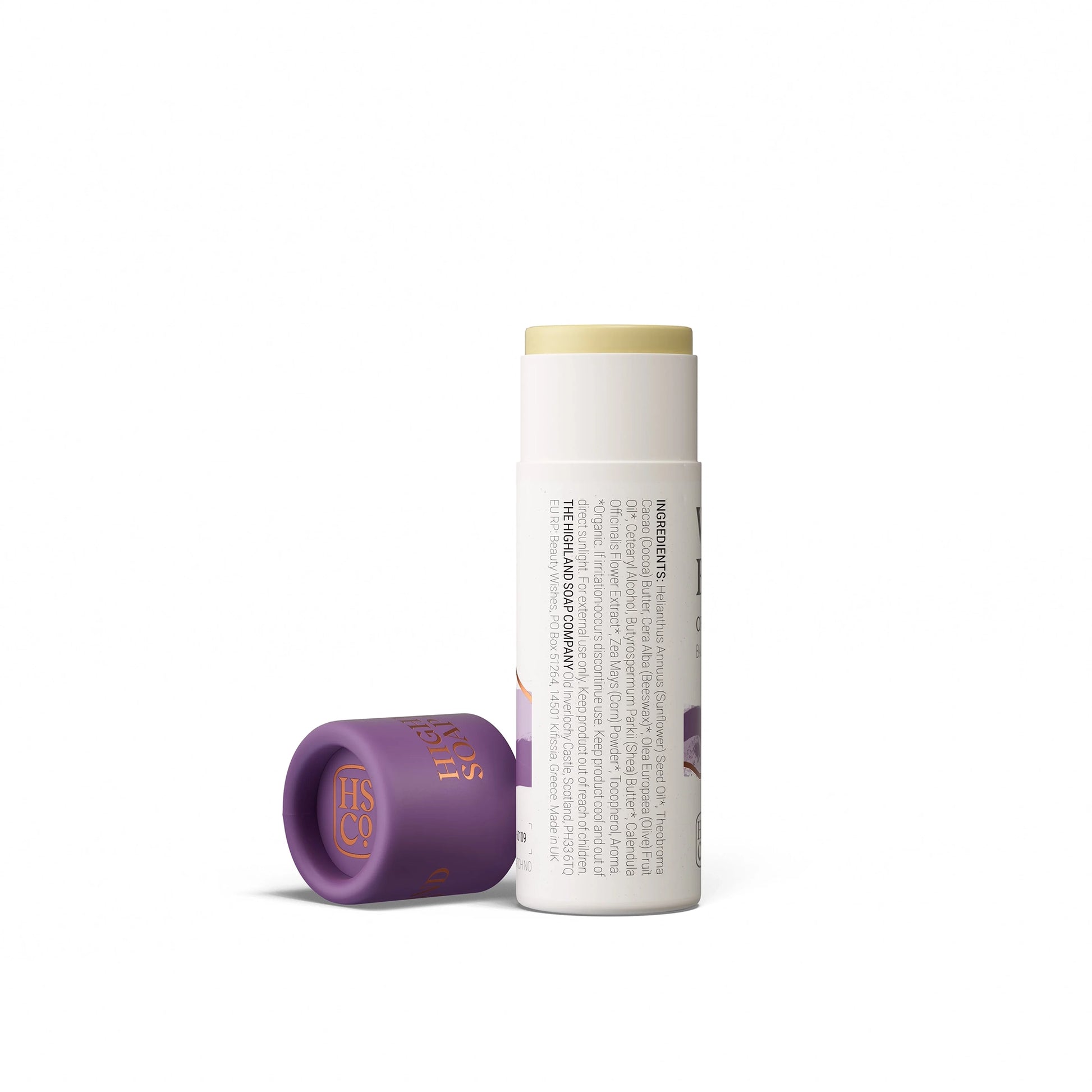 Back of Highland Soap Co. wild bramble flavour organic lip balm in compostable tube packaging with ingredient list