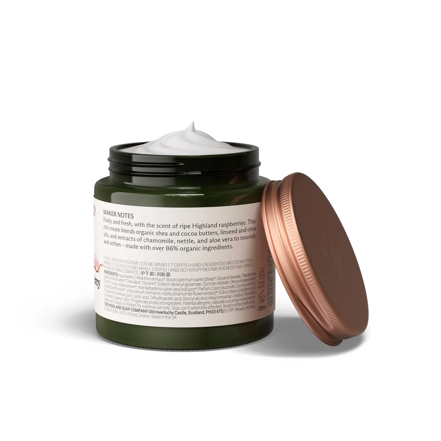 Highland Soap Co. pot of wild Scottish raspberry hand and body cream with ingredient list