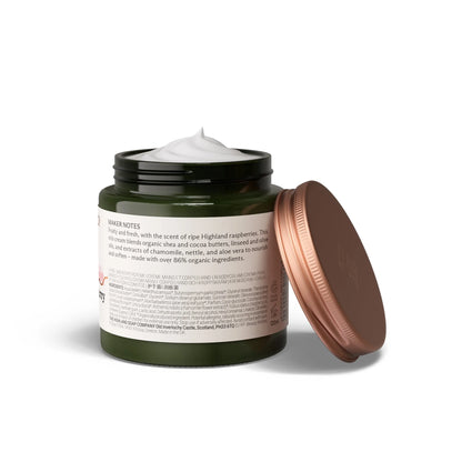 Highland Soap Co. pot of wild Scottish raspberry hand and body cream with ingredient list
