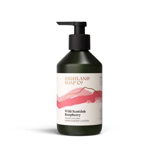 The Highland Soap Co. wild raspberry scented hand and body lotion pump bottle