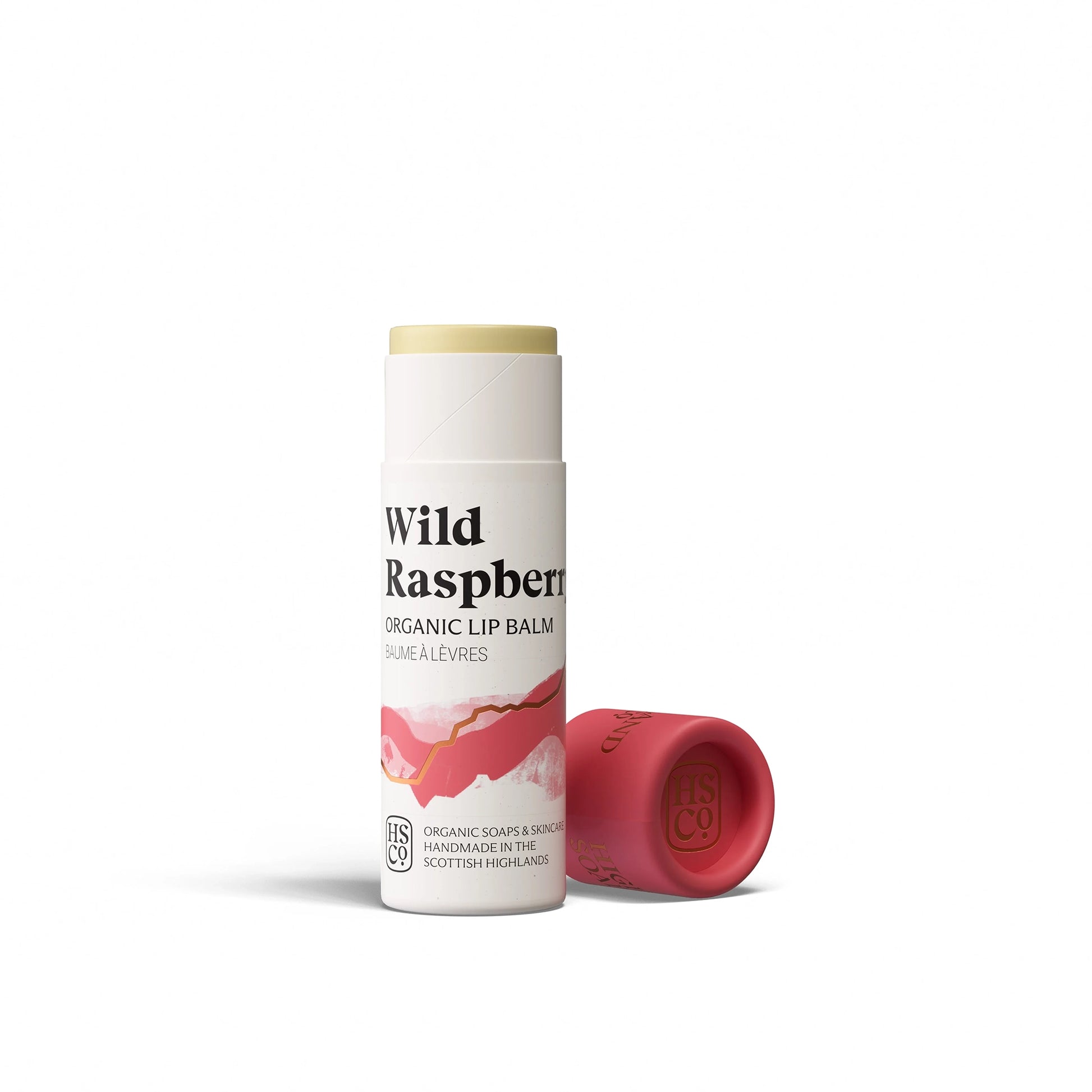 Highland Soap Co. wild raspberry flavour organic lip balm in compostable tube packaging