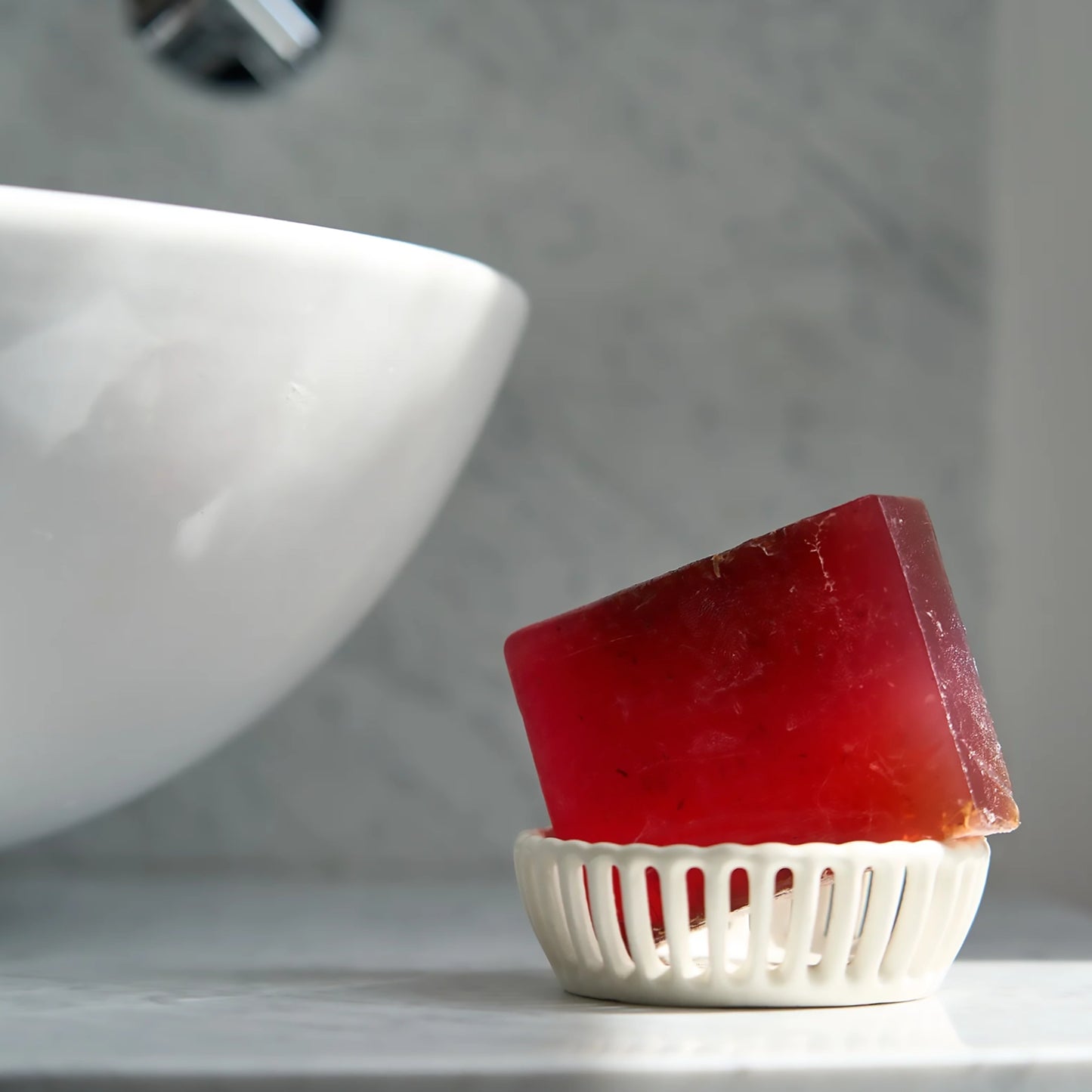 Highland Soap Co. bar of organic Scottish raspberry soap lifestyle by sink