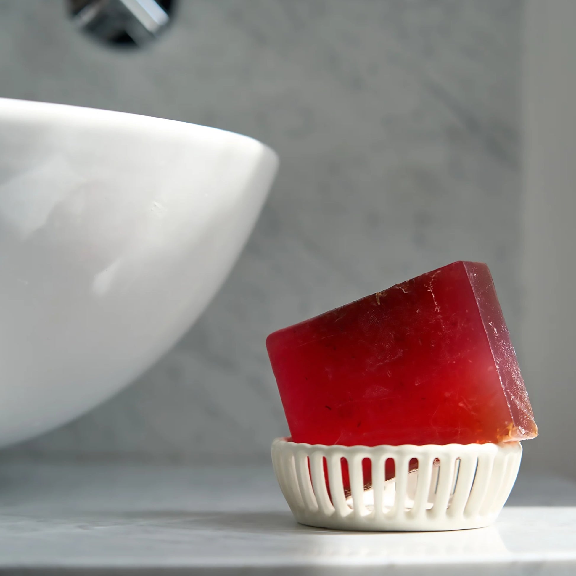 Highland Soap Co. bar of organic Scottish raspberry soap lifestyle by sink