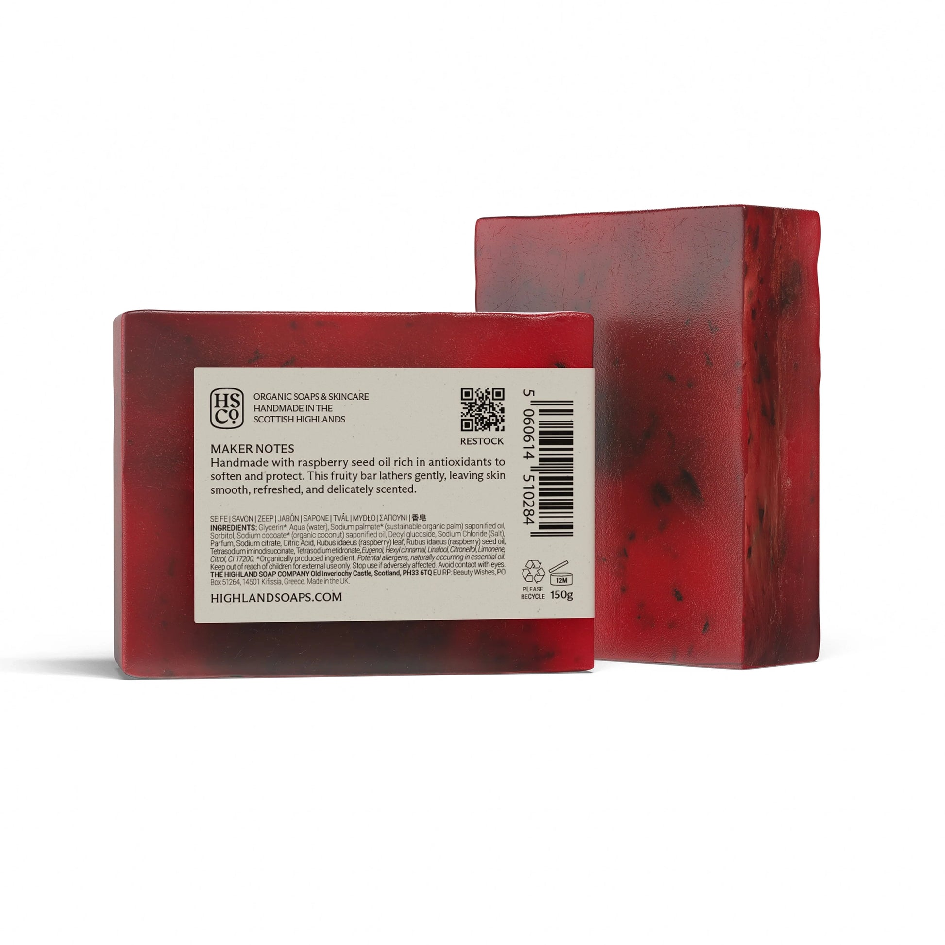 Back of Highland Soap Co. bar of organic Scottish raspberry soap with ingredients list