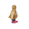 A wooden penguin wearing wellies with pink octopus design