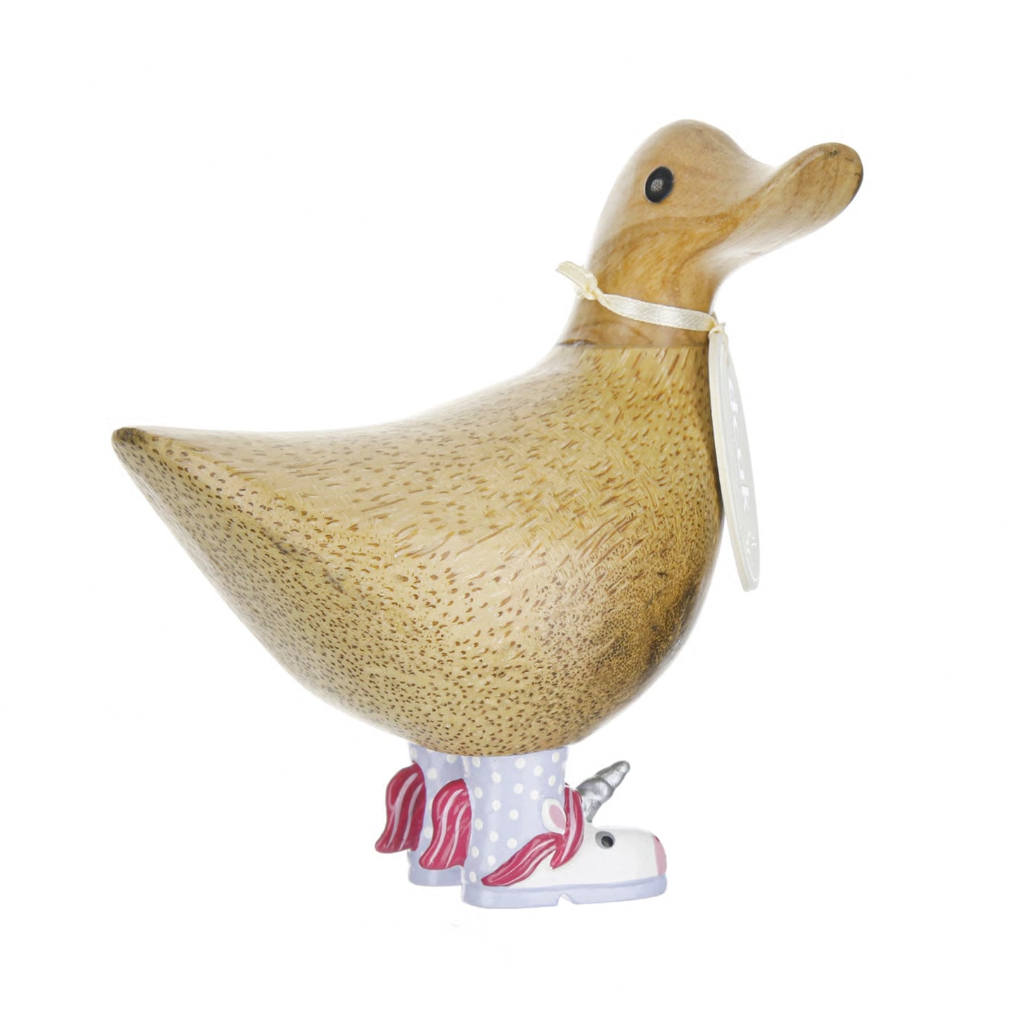 A short wooden ducky ornament sculpture with unicorn wellies