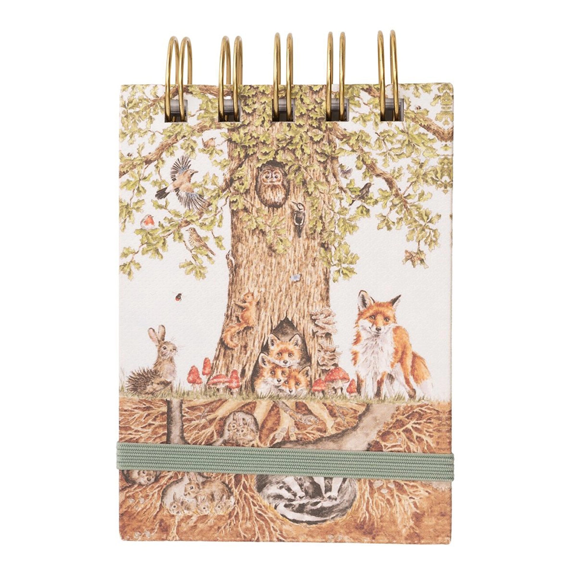 Ring bound notebook with tree and wildlife illustration and green elastic closure