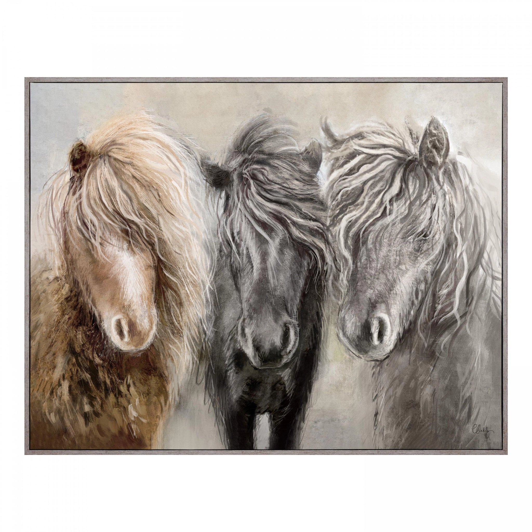Framed canvas of three ponies in a row with an impressionist grey background of foliage.