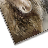 Close-up detail of bottom corner of canvas with brown pony and simple light wood box frame.