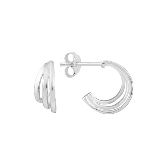 A pair of silver hoop earrings with three strands and stud backings