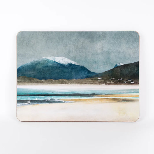 A rectangular placemat featuring a seaside artwork by Cath Waters