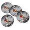 A set of 4 round glass coasters with robin design and silver details